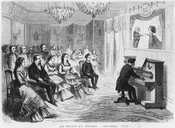 Die Puppenshow I Pupazzi vor Kaiser Napoleon III. (1808-73), Kaiserin Eugénie (1826-1920) und Prinz Eugène Louis Napoleon Bonaparte (1856-79) in den Tuilerien, graviert von Edmond Yo